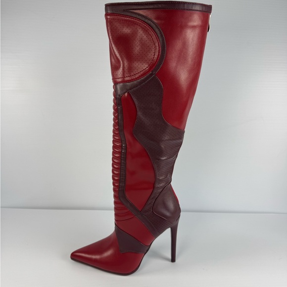 Azalea Wang Shoes - AKIRA Rodrigo Red Over The Knee Stiletto Boots Pointed Toe Moto Panel multi size